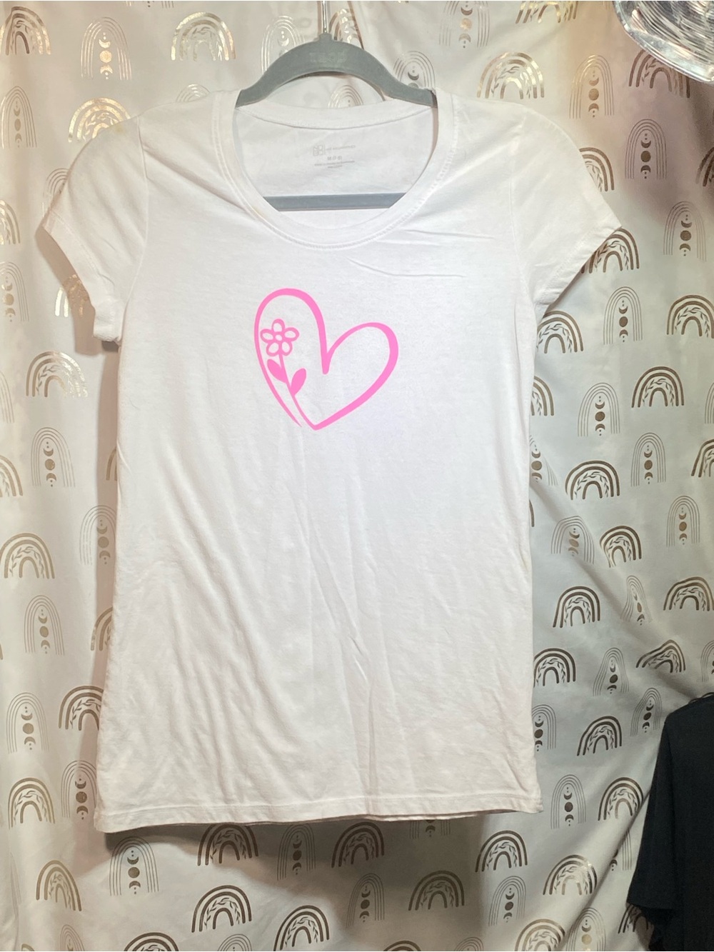 No Boundaries White Tee with Pink Heart Flower Graphic Upcycled